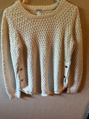 VENUS Cream Cable-Knit Crew Sweater with Button Cuffs